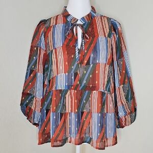 Joy Joy Striped Ruffle Neck 3/4 Sleeve Peasant Blouse Top Orange/Blue/Green